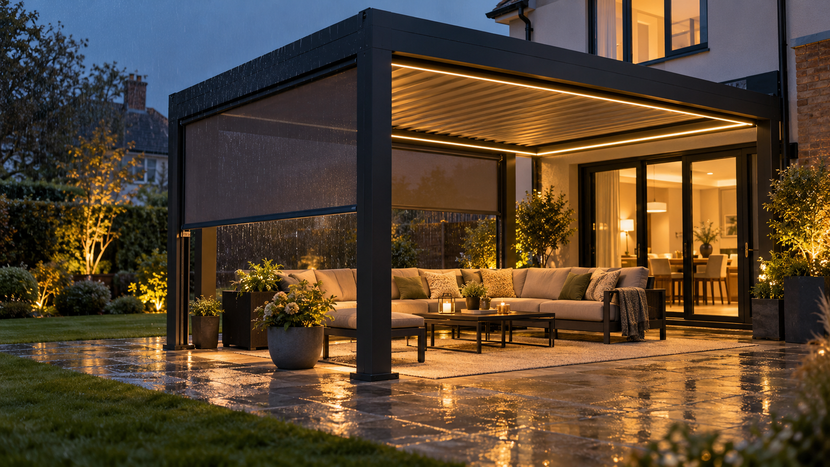 Closed aluminium pergola roof with LED lighting sheltering an outdoor seating area from rain